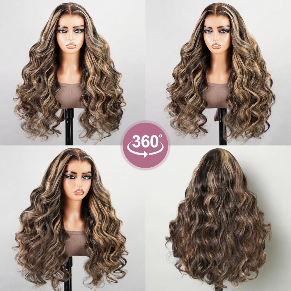 ⁦باروكة شعر بشري هايلايت بالياج مع غطاء أمامي 6x5، بدون غراء، كثافة 220%، تموجات طبيعية، 24 بوصة⁩ - الصورة ⁦6⁩