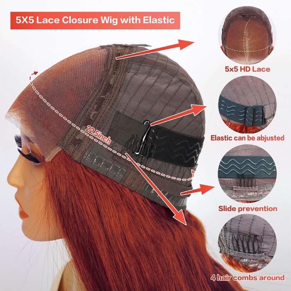 ⁦باروكة جليوليس بشعر بشري 33# بني زنجبيل منغولي مع دانتيل أمامي 5x5، لون كستنائي عميق مع تموجات طبيعية، باروكة بشعر بشري جليوليس جاهزة للارتداء 26 بوصة⁩ - الصورة ⁦3⁩