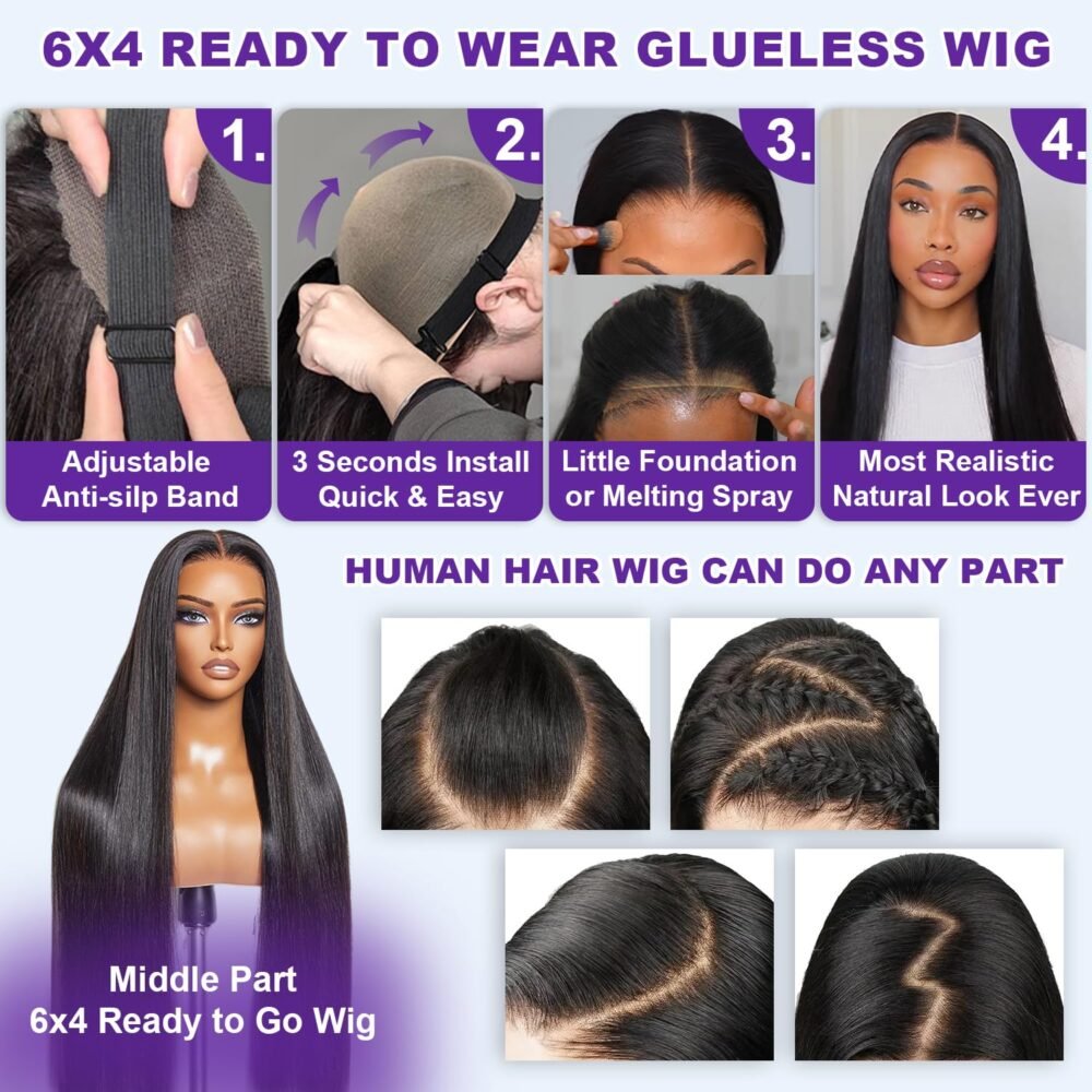 باروكة جاهزة للارتداء 6x4 Glueless 250% كثافة، شعر طبيعي، 26 بوصة – باروكة مستقيمة للنساء السود مع دانتيل HD - الصورة 3