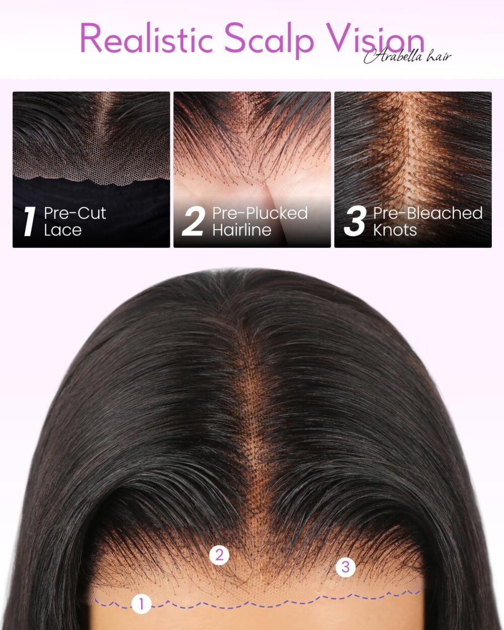 باروكة اربيلّا 5x6 بدون غراء، شعر بشري، تم تمشيطها مسبقًا، كثافة 230%، باروكة بشعر بشري 100%، تم تمشيطها مسبقًا، عقد مبيّضة، باروكة مستقيمة (18 إنش، باروكة مستقيمة 5x6) - الصورة 3