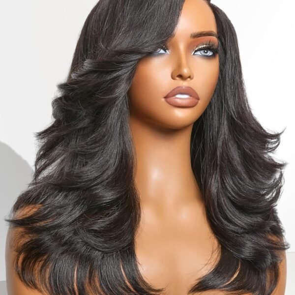 باروكة شعر بشري بوب بطول 14 بوصة مع قص طبقات، تم تصفيفها مسبقاً، غلق HD لاصق بدون غراء، مع غرة جانبية