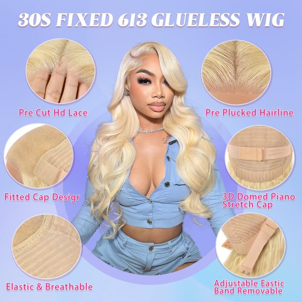 باروكة Alimubi 613 بلوند - رباط أمامي 5x5، بدون غراء، تموجات جسم، مشذبة مسبقًا، شعر بشري 36 بوصة - الصورة 4