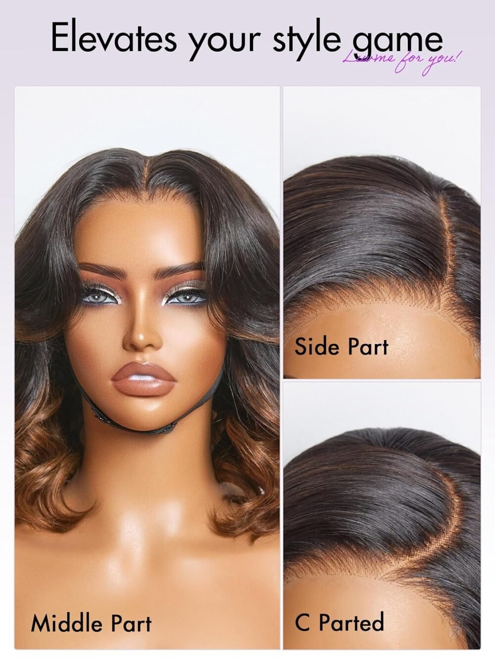 باروكة شعر بشري لوف مي 5X5 مع تسريحات مزيج بني هايلايت وموجات الجسم الحرة، بوب قصير 12 بوصة، بدون غراء، مع لاصق مقدمة جاهز، تم تصفيفها مسبقاً للنساء - الصورة 5