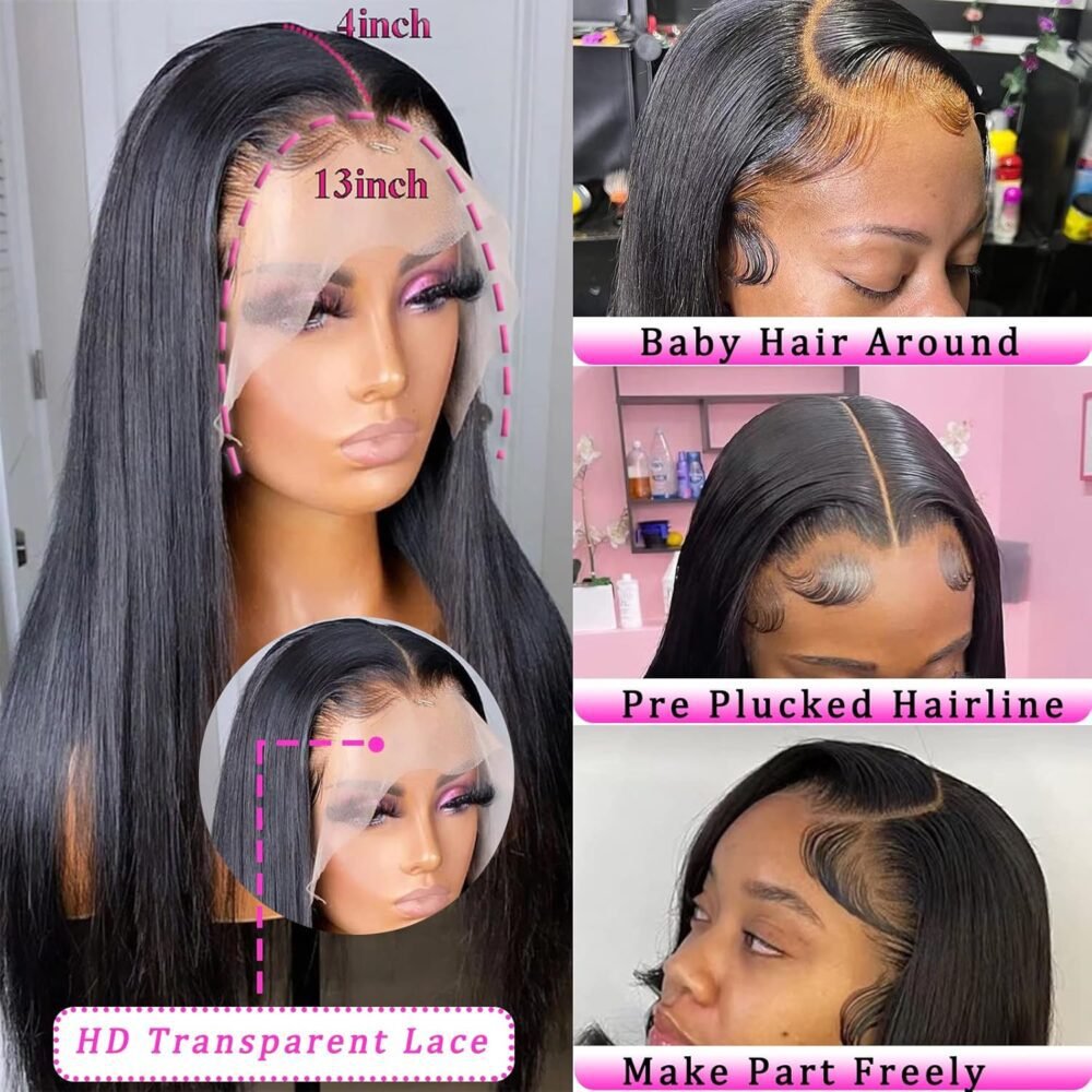 وِيج مستقيم 13x4 Lace Front شعر طبيعي HD Transparent Lace 180% كثافة مع شعر أطفال وتحديد خط الشعر، شعر برازيلي نقي، بدون غراء - الصورة 2