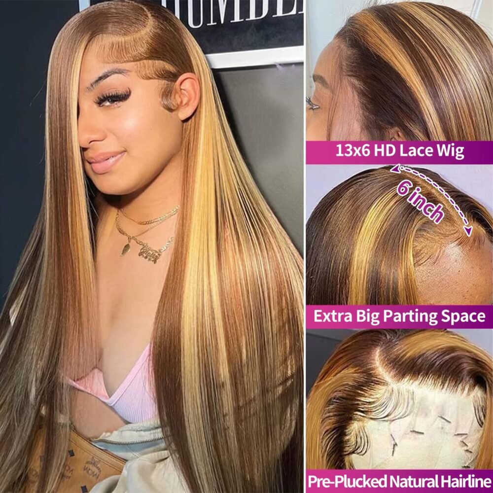 باروكة شعر بشري أومبري، 34 بوصة، 13x6 رباط أمامي HD شفاف، شعر مستقيم، هايلايت #4/27، لون عسلي مميز، بدون غراء، مشذبة مسبقًا، كثافة 180% - الصورة 3