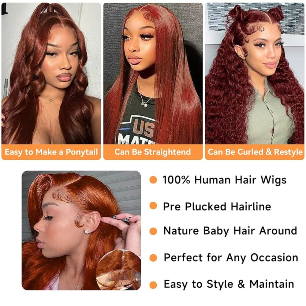 ⁦باروكة شعر طبيعي بلون بني محمر - رباط أمامي HD 13x6، بدون غراء، مشذبة مسبقًا، طول 32 بوصة⁩ - الصورة ⁦5⁩