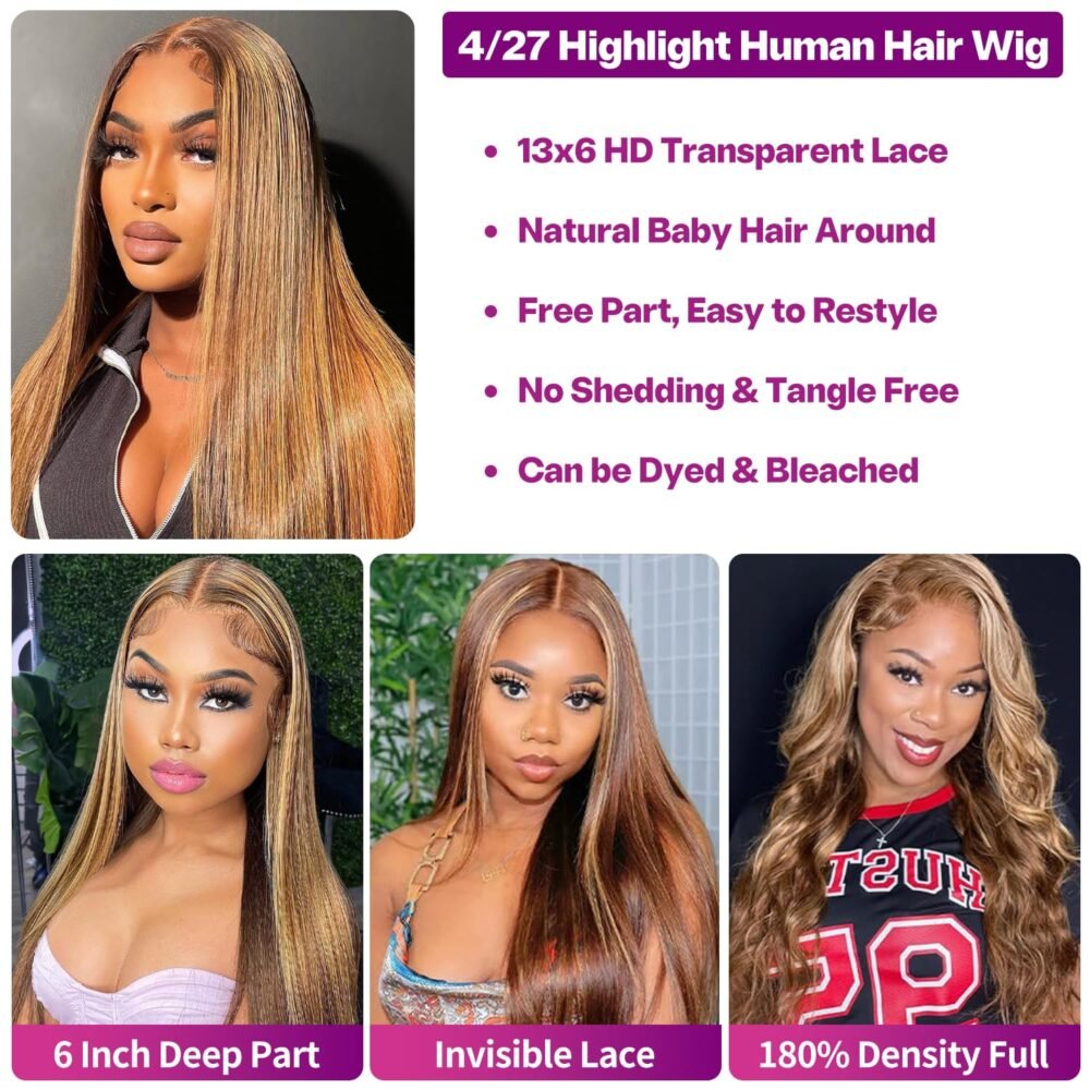 باروكة شعر بشري أومبري، 34 بوصة، 13x6 رباط أمامي HD شفاف، شعر مستقيم، هايلايت #4/27، لون عسلي مميز، بدون غراء، مشذبة مسبقًا، كثافة 180% - الصورة 5