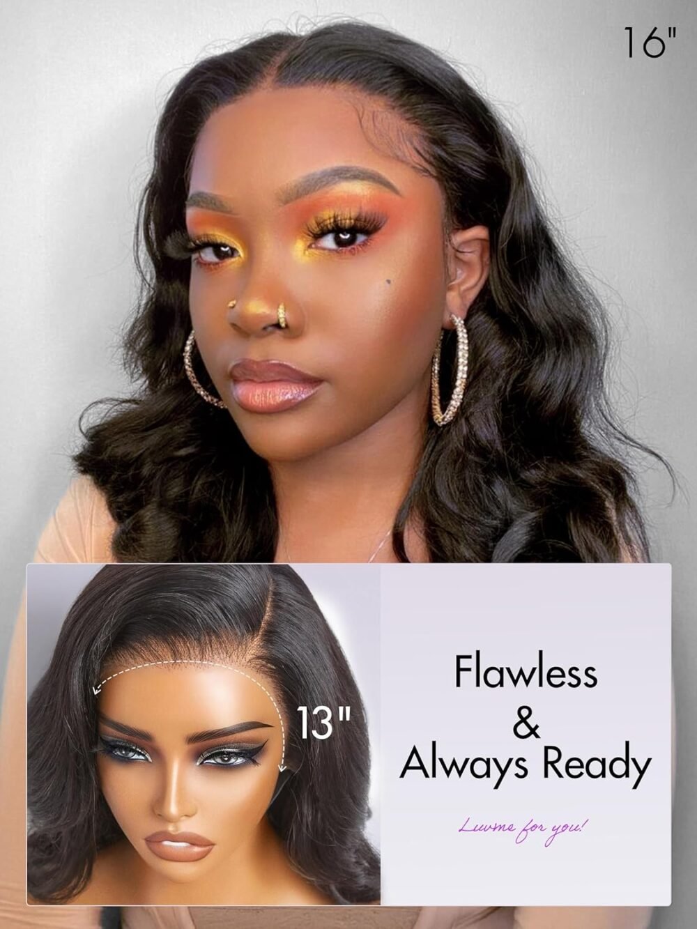 باروكة لوفمي 13x6 لايس فرونت، شعر بشري، 16 إنش، بدون غراء، تم تمشيطها مسبقًا، تم قصها مسبقًا، لون أسود طبيعي، تموجات جسم، باروكة لايس فرونت بشعر بشري - الصورة 4
