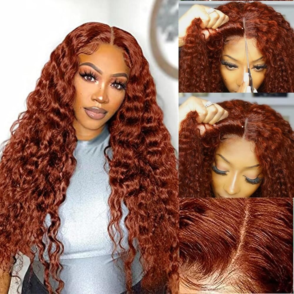 باروكة جليوليس بشعر بشري 33# بني زنجبيل منغولي مع دانتيل أمامي 5x5، لون كستنائي عميق مع تموجات طبيعية، باروكة بشعر بشري جليوليس جاهزة للارتداء 26 بوصة