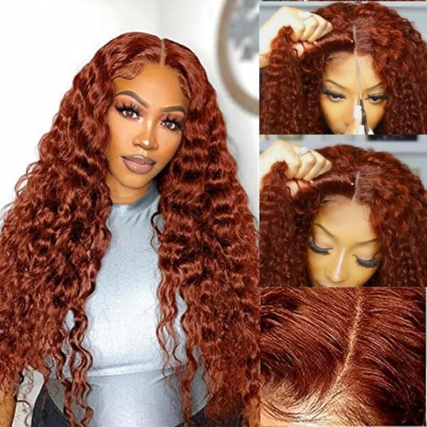 باروكة جليوليس بشعر بشري 33# بني زنجبيل منغولي مع دانتيل أمامي 5x5، لون كستنائي عميق مع تموجات طبيعية، باروكة بشعر بشري جليوليس جاهزة للارتداء 26 بوصة