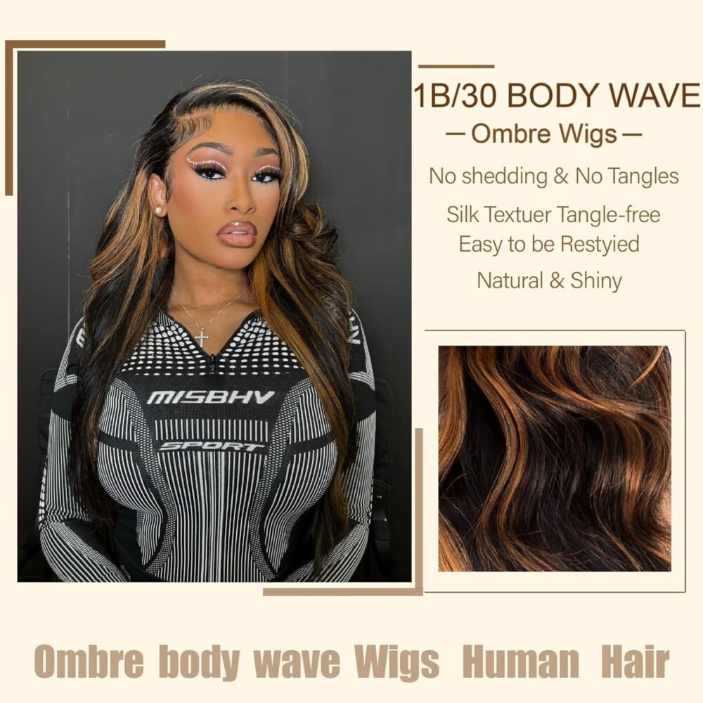 باروكة Ombre 30 بوصة من الشعر البشري - دانتيلا 13x6، لون 1B/30، مع تسريحة Body Wave وكثافة 200% - باروكة أمبر بني مع دانتيلا HD، بدون غراء - الصورة 3