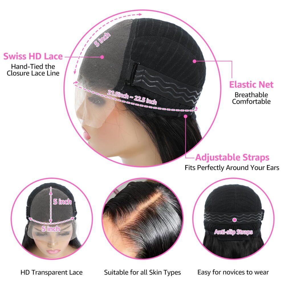 باروكة شعر بشري 34 بوصة مع غلق 5x5 لاصق HD، بدون غراء، مباشرة، تم تصفيفها مسبقاً، كثافة 180% للنساء - الصورة 4