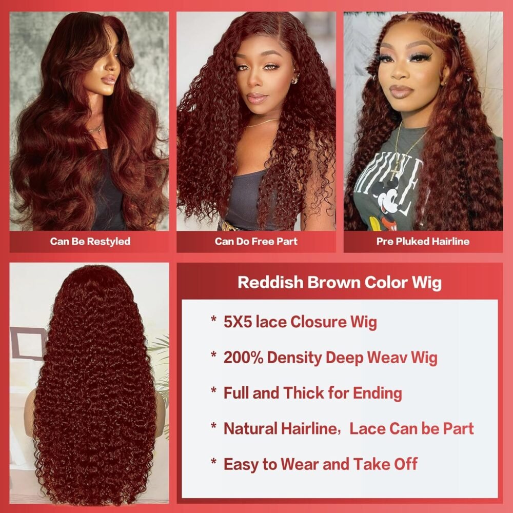 ⁦باروكة جليوليس بشعر بشري 33# بني زنجبيل منغولي مع دانتيل أمامي 5x5، لون كستنائي عميق مع تموجات طبيعية، باروكة بشعر بشري جليوليس جاهزة للارتداء 26 بوصة⁩ - الصورة ⁦5⁩