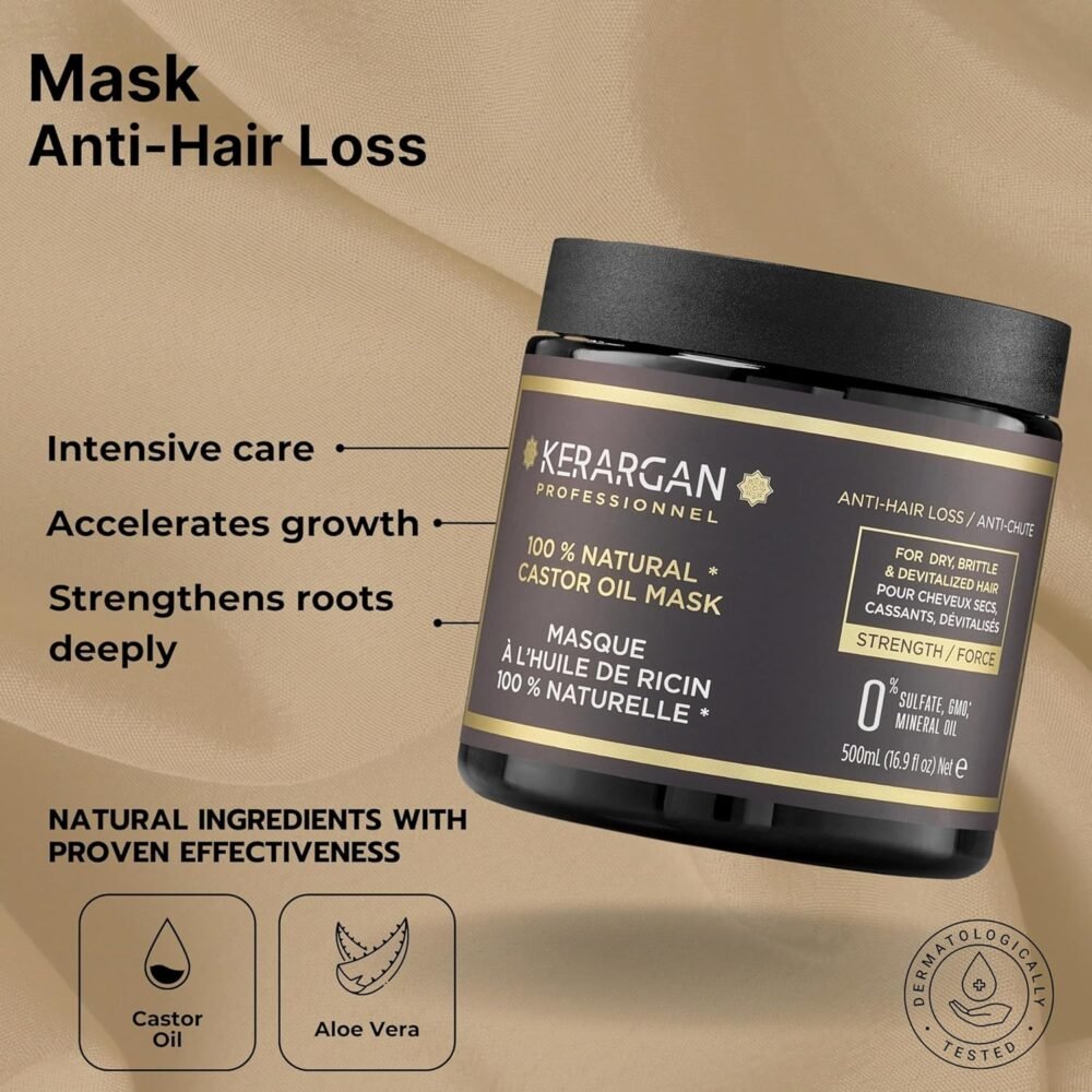 مجموعة شامبو وماسك Kerargan لمكافحة تساقط الشعر بزيت الخروع للشعر الجاف والضعيف والباهت - يعزز النمو - خالي من الكبريتات والسيليكون والمواد المعدلة وراثيًا - عبوة 2x16.9 أونصة - الصورة 4